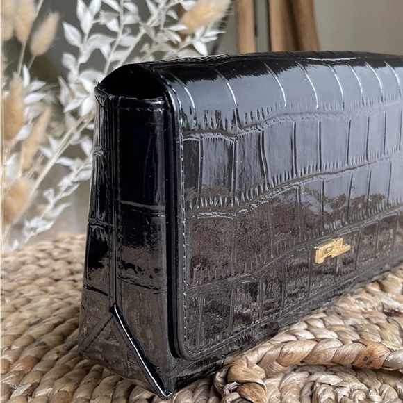 RALPH LAUREN Notorious Clutch Bag Black Patent Croco Clutch Bag Mirror Inside - Picture 3 of 9